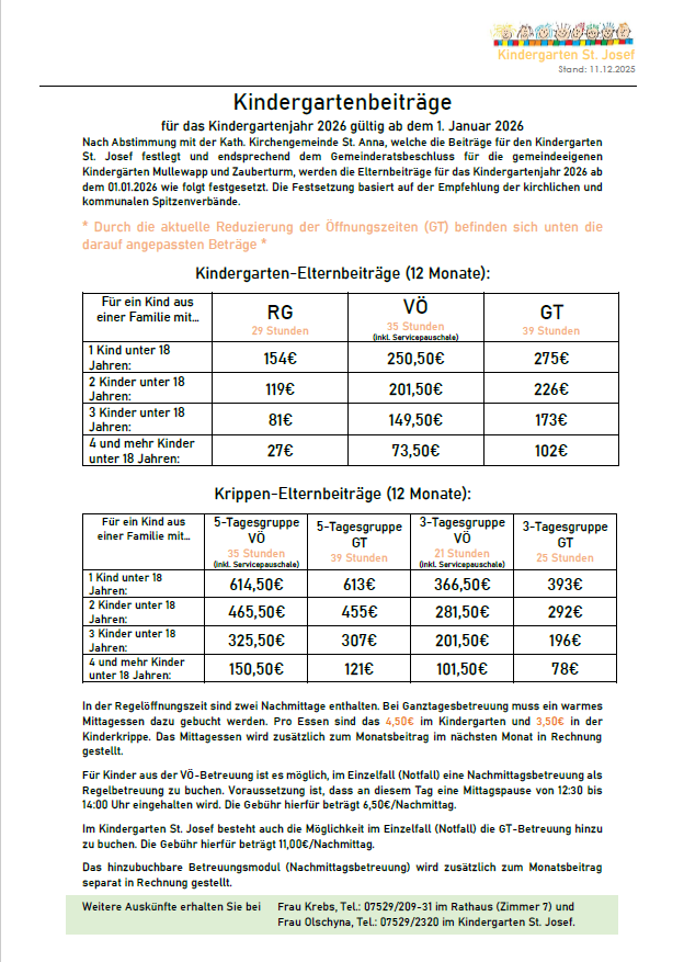 Kindergartenbeiträge ab September 2025